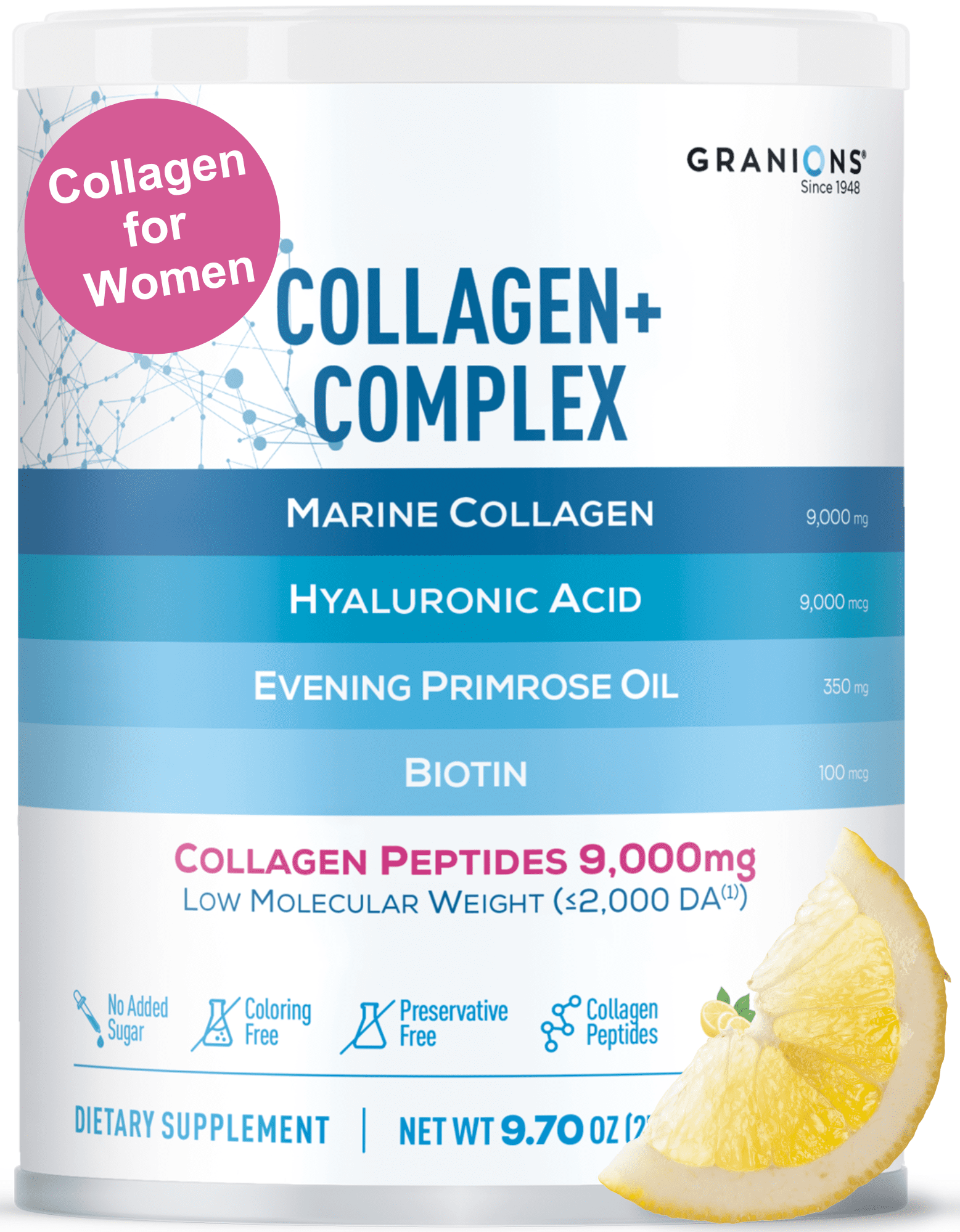 GRANIONS Marine Collagen Peptides Powder Lemonade, Hyaluronic Acid + Biotin + Vit C, 275g