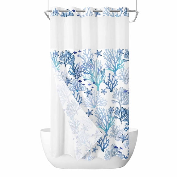 Marine Coral No Hook Shower Curtain with Snap in Liner, Waterproof Fabric Shower Curtains, Coastal Ocean Underwater Starfish Summer Blue Shower Curtain Set Top See Through for Bathroom 36"x78"