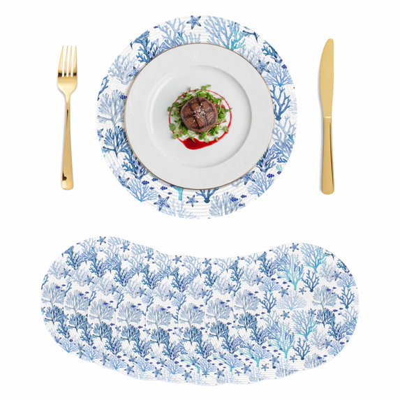 Marine Coral Round 13 Inch Placemats Set of 8, Coastal Ocean Underwater Starfish Summer Blue HeatResistant Non Slip Place Mats for Dining Table, Wipeable Braided Kitchen Table Mats for Housewarming