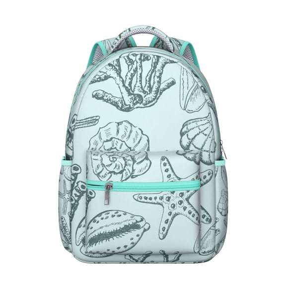 Marine Coral and Sand Student Backpack Waterproof Durable Composite Oxford Cloth with Nautical Mermaid and Seaside Creatures Print, Adjustable Straps, Comfortable for School Use