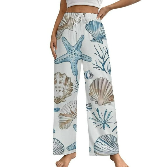Marine Coral Shell StarBlue Pajama Pants Breathable with Pockets Pajamas For Lady Vintage Sleeping Pants Bedroom Homewear