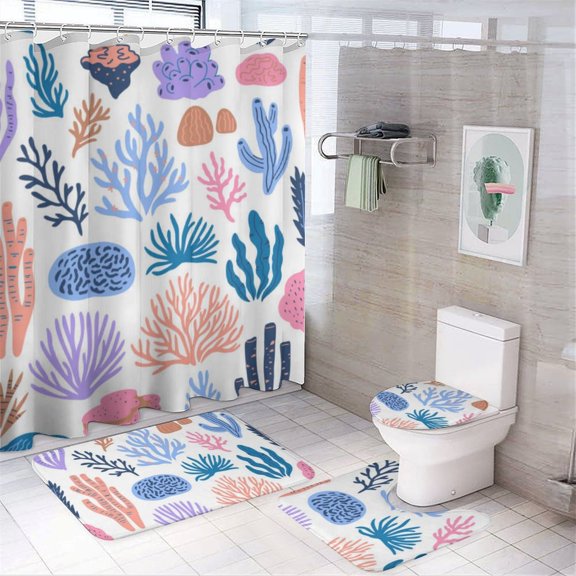 Marine Coral Shower Curtain Waterproof Bathroom Curtain Anti-slip Bath Mat Set Toilet Rugs Carpet