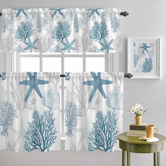 Marine Coral Starfish Ocean Shell Curtain Tier and Valance Set 3 Piece, Underwater World Aqua Gray 3-inch Rod Pocket Window Tier Curtains Valance for Kitchen Living Room