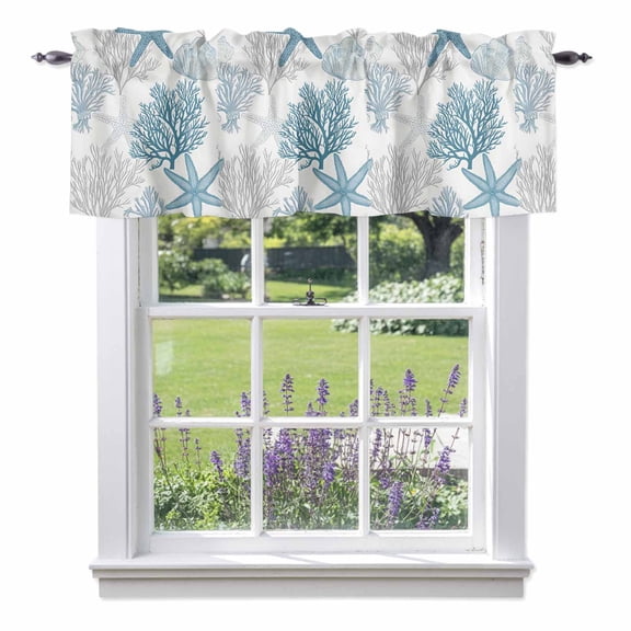 Marine Coral Starfish Ocean Shell Valances for Windows,Kitchen Valance Rod Pocket Short Curtain, Underwater World Aqua Gray Valance Curtain Window Valances for Bedroom Bathroom Living Room 42x12in