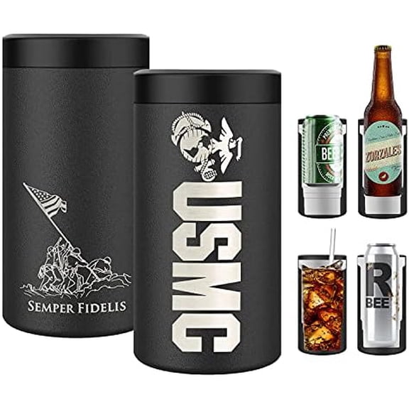 Marine Corps Can Cooler Stainless Steel USMC 12oz Beer Bottles, Standard & Slim Cans | Disabled Vet Owned Business | USMC 4 in1 Can Cooler