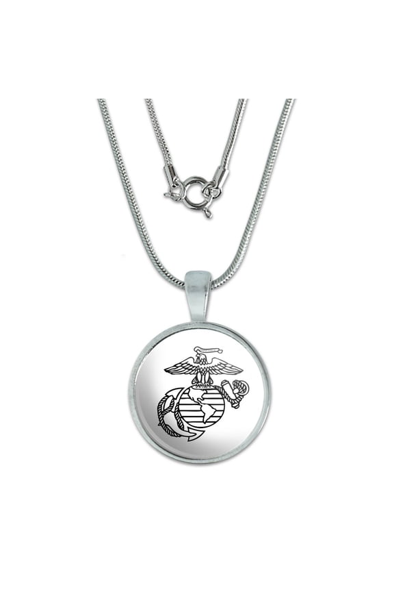 Marine Corps USMC Black White Eagle Globe Anchor Logo Officially Licensed 0.75" Pendant with Sterling Silver Plated Chain