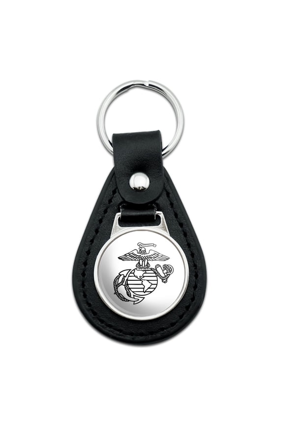 Marine Corps USMC Black White Eagle Globe Anchor Logo Officially Licensed Black Leather Keychain