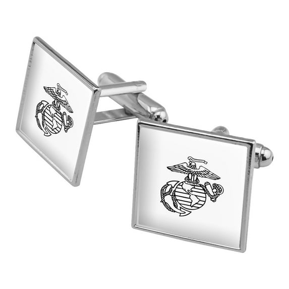 Marine Corps USMC Black White Eagle Globe Anchor Logo Officially Licensed Square Cufflink Set - Silver or Gold