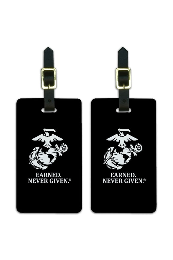Marine Corps USMC Earned Never Given White Black Logo Officially Licensed Luggage ID Tags Suitcase Carry-On Cards - Set of 2