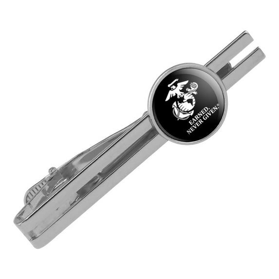 Marine Corps USMC Earned Never Given White Black Logo Officially Licensed Round Tie Bar Clip Clasp Tack Silver Color Plated
