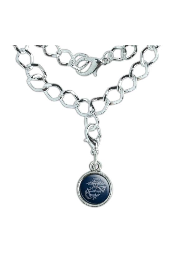 Marine Corps USMC Gray on Blue Eagle Globe Anchor Logo Officially Licensed Silver Plated Bracelet with Antiqued Charm