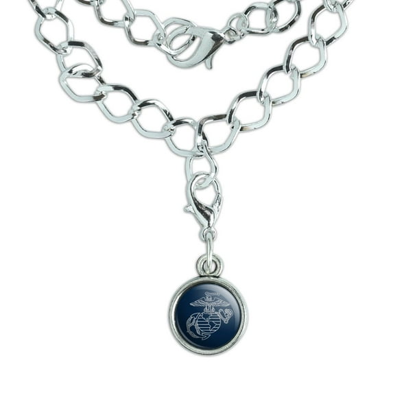 Marine Corps USMC Gray on Blue Eagle Globe Anchor Logo Officially Licensed Silver Plated Bracelet with Antiqued Charm