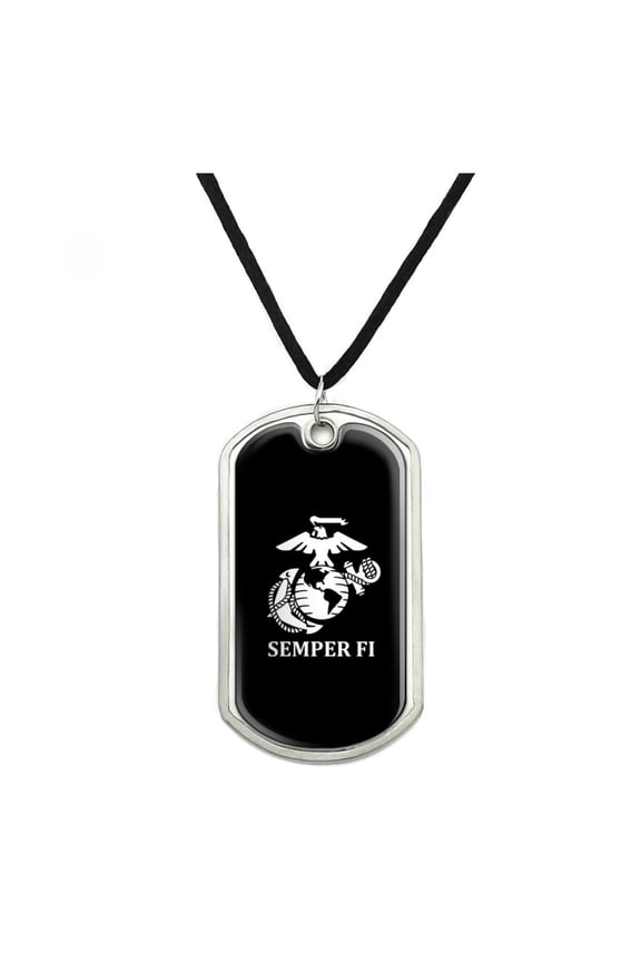 Marine Corps USMC Semper Fi Black White Logo Officially Licensed Military Dog Tag Pendant Necklace with Cord
