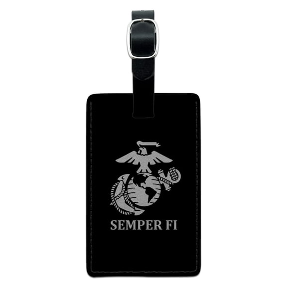 Marine Corps USMC Semper Fi Black White Logo Officially Licensed Rectangle Leather Luggage Card Suitcase Carry-On ID Tag