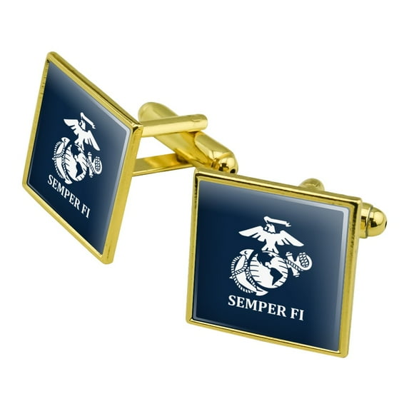 Marine Corps USMC Semper Fi Blue White Logo Officially Licensed Square Cufflink Set - Silver or Gold