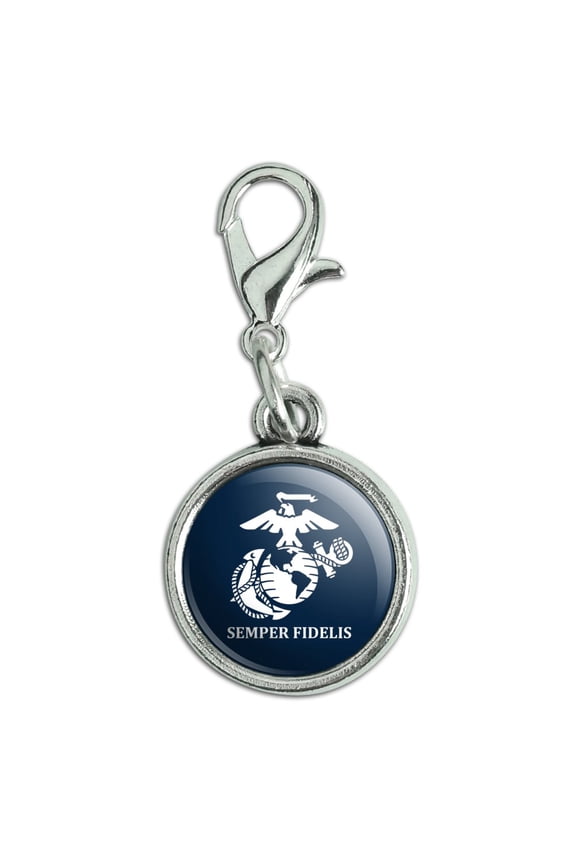 Marine Corps USMC Semper Fidelis Blue White Logo Officially Licensed Antiqued Bracelet Pendant Zipper Pull Charm with Lobster Clasp