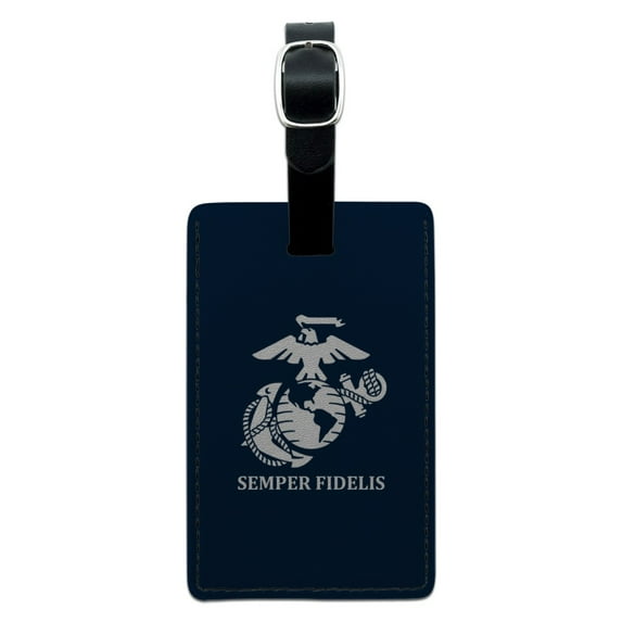 Marine Corps USMC Semper Fidelis Blue White Logo Officially Licensed Rectangle Leather Luggage Card Suitcase Carry-On ID Tag