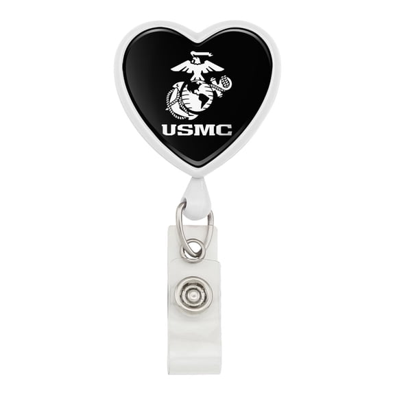 Marine Corps USMC Text White Logo on Black Officially Licensed Heart Lanyard Retractable Reel Badge ID Card Holder