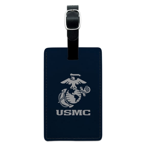 Marine Corps USMC Text White Logo on Blue Officially Licensed Rectangle Leather Luggage Card Suitcase Carry-On ID Tag