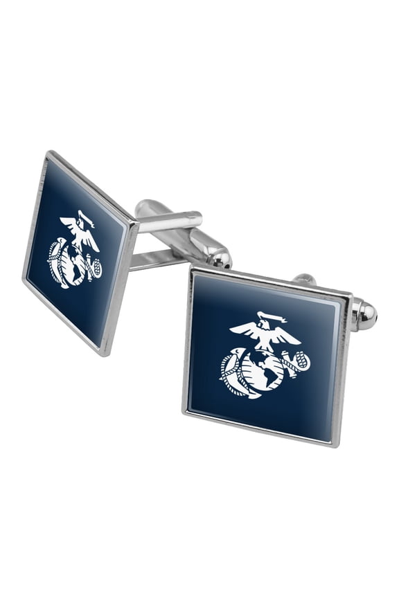 Marine Corps USMC White Eagle Globe Anchor on Blue Officially Licensed Square Cufflink Set - Silver or Gold