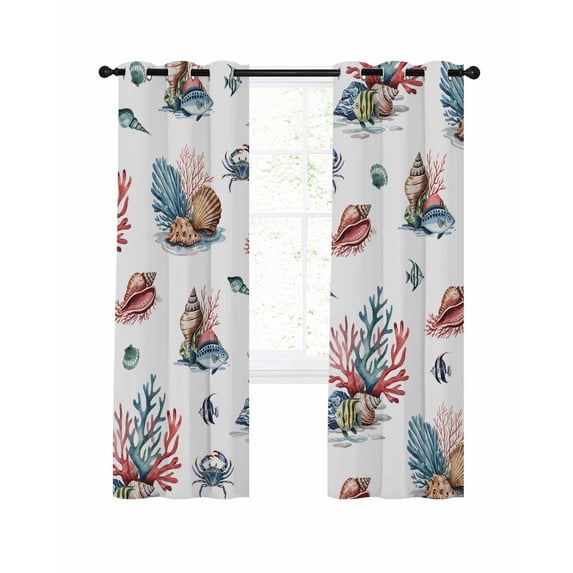 Marine Creature Blackout Curtains for Bedroom Living Room, Shell Coral Fish Watercolor Ocean 54 In Long Thermal Insulated Room Darkening Drapes Grommet Window Treatments, 52 x 54 In