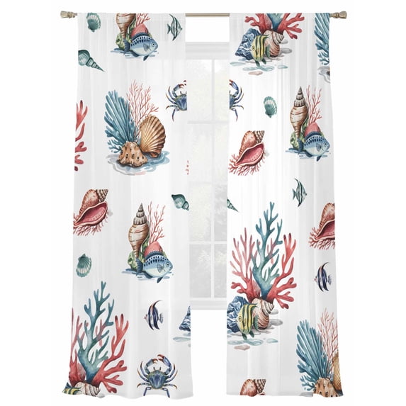 Marine Creature Sheer Curtains 96 Inch Long 2 Panels, Shell Coral Fish Watercolor Ocean Light Filtering Rod Pocket Curtains, Sheer Voile Drapes for Living Room Bedroom, 52"x96"