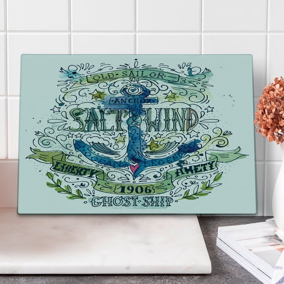 Marine Cutting Board, Anchor Salt and Wind 1906 Liberty Amity Stormy Ocean Ghost Ship Old Sailor, Decorative Tempered Glass Cutting and Serving Board, Large Size, Multicolor, by Ambesonne