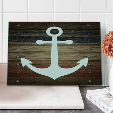 Marine Cutting Board, Boat Themed Anchor Marine Nautical Antiqued Rustic Wooden Western, Decorative Tempered Glass Cutting and Serving Board, Large Size, Brown White, by Ambesonne