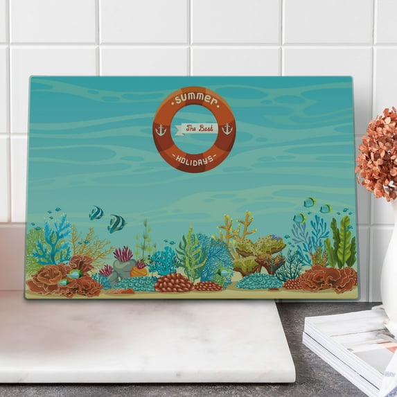 Marine Cutting Board, Life over Coral Reef Sea Tropical Ocean Bubbles Beach Mystic Subaquatic, Decorative Tempered Glass Cutting and Serving Board, Large Size, Pale Blue Orange, by Ambesonne