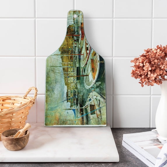 Marine Cutting Board, Naples Small Boats at Historical Italian Coast Heritage Castle Nautical Art, Decorative Tempered Glass Cutting and Serving Board, Wine Bottle Shape, Multicolor, by Ambesonne