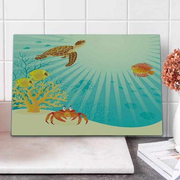 Marine Cutting Board, Tropical Fishes Crab Loggerhead Sea Turtle Oceanic Sun Reflecting Beach Cartoon, Decorative Tempered Glass Cutting and Serving Board, Large Size, Multicolor, by Ambesonne