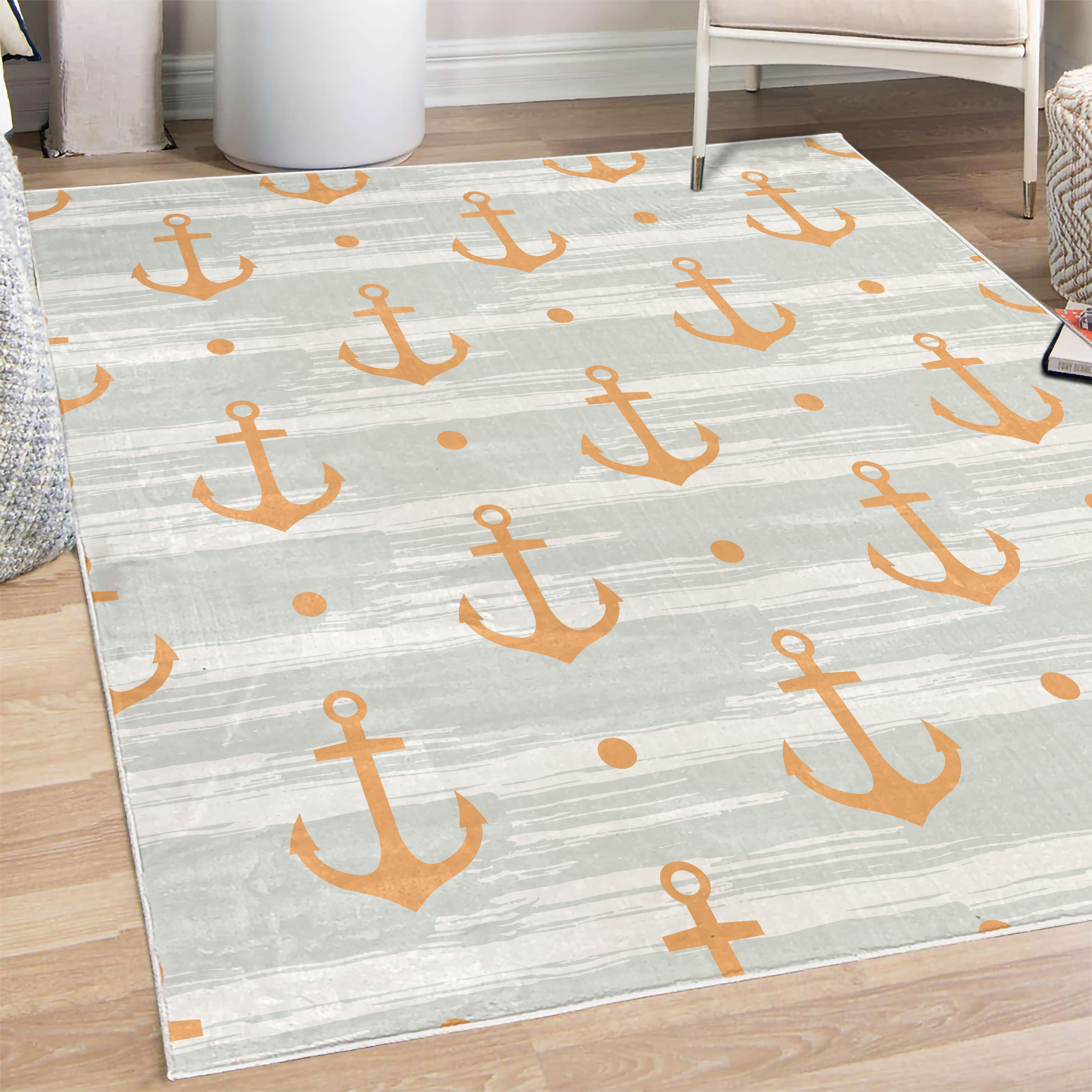 Pirate Rug Texture Marine Decorative Rug, Anchors and Skulls Crossed Bones Dots Pirate ...