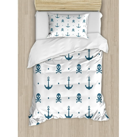 Marine Duvet Cover Set, Anchors and Skulls Crossed Bones Dots Pirate Horror Fear Seaman Illustration Art, Decorative 2 Piece Bedding Set with 1 Pillow Shams, Twin Size, Navy Blue, by Ambesonne