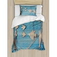 thumbnail image 1 of Marine Duvet Cover Set, Nautical Themed Photo of Fishing Net and Hanged Wododen Handcraft Fish, Decorative 2 Piece Bedding Set with 1 Pillow Shams, Twin Size, Beige Sky Blue, by Ambesonne, 1 of 3