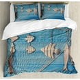 thumbnail image 1 of Marine Duvet Cover Set, Nautical Themed Photo of Fishing Net and Hanged Wododen Handcraft Fish, Decorative 3 Piece Bedding Set with 2 Pillow Shams, Calking Size, Beige Sky Blue, by Ambesonne, 1 of 3