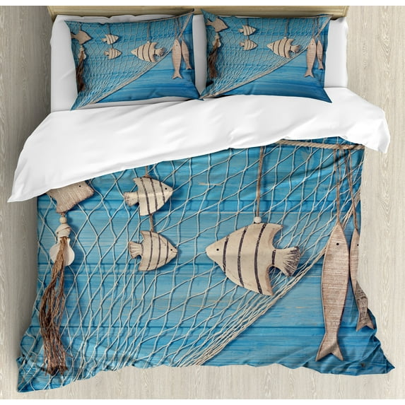 Marine Duvet Cover Set, Nautical Themed Photo of Fishing Net and Hanged Wododen Handcraft Fish, Decorative 3 Piece Bedding Set with 2 Pillow Shams, King Size, Beige Sky Blue, by Ambesonne