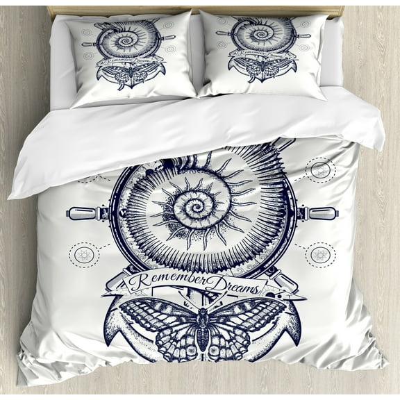 Marine Duvet Cover Set, Sea Shell Anchor Wheel and Butterfly Motif with Remember Dreams Lettering, Decorative 3 Piece Bedding Set with 2 Pillow Shams, Queen Size, Dark Night Blue Ivory, by Ambesonne