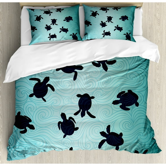 Marine Duvet Cover Set, Sea Turtles Swimming Silhouette from the Bottom of Ocean Underwater Display, Decorative 3 Piece Bedding Set with 2 Pillow Shams, King Size, Dark Blue Teal, by Ambesonne