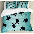 thumbnail image 1 of Marine Duvet Cover Set, Sea Turtles Swimming Silhouette from the Bottom of Ocean Underwater Display, Decorative 3 Piece Bedding Set with 2 Pillow Shams, Queen Size, Dark Blue Teal, by Ambesonne, 1 of 3