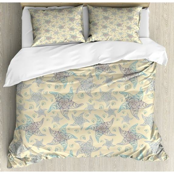 Marine Duvet Cover Set, Starfish Pattern in Swirly Ornamental Floral Style Seashells Cockleshell, Decorative 3 Piece Bedding Set with 2 Pillow Shams, Calking Size, Champagne Multicolor, by Ambesonne