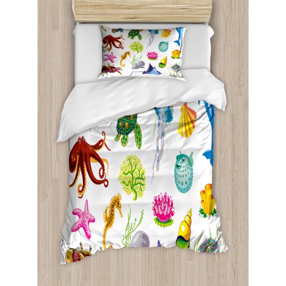 Marine Duvet Cover Set Twin Size, Sea Animals Octopus Dolphin Shells Stingray Crab Turtle Jellyfish Wildlife Graphic, Decorative 2 Piece Bedding Set with 1 Pillow Sham, Multicolor, by Ambesonne