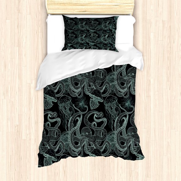 Marine Duvet Cover Set, Underwater Fishes Coral Reef Octopus and Jellyfish Hand Drawn Aquatic, Decorative 2 Piece Bedding Set with 1 Pillow Shams, Twin Size, Dark Reseda Green Seafoam, by Ambesonne