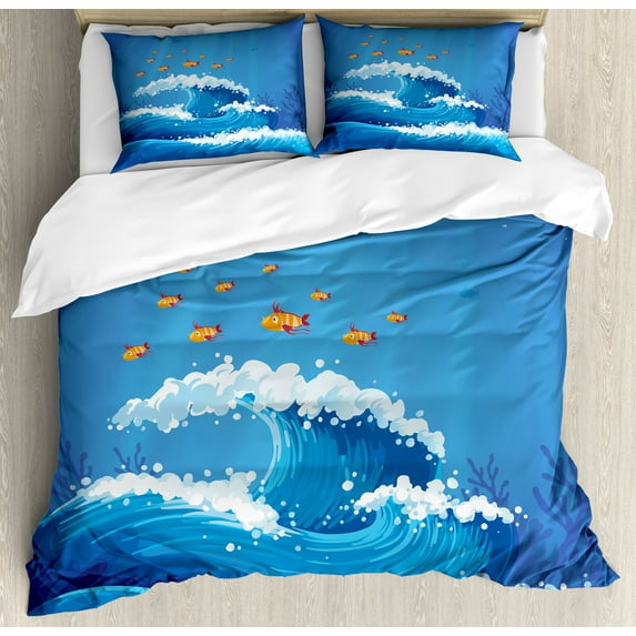 Marine Duvet Cover Set, Underwater with Group of Fish and Wave in the Ocean Coral Reef Illustration, Decorative 3 Piece Bedding Set with 2 Pillow Shams, King Size, Violet Blue Orange, by Ambesonne