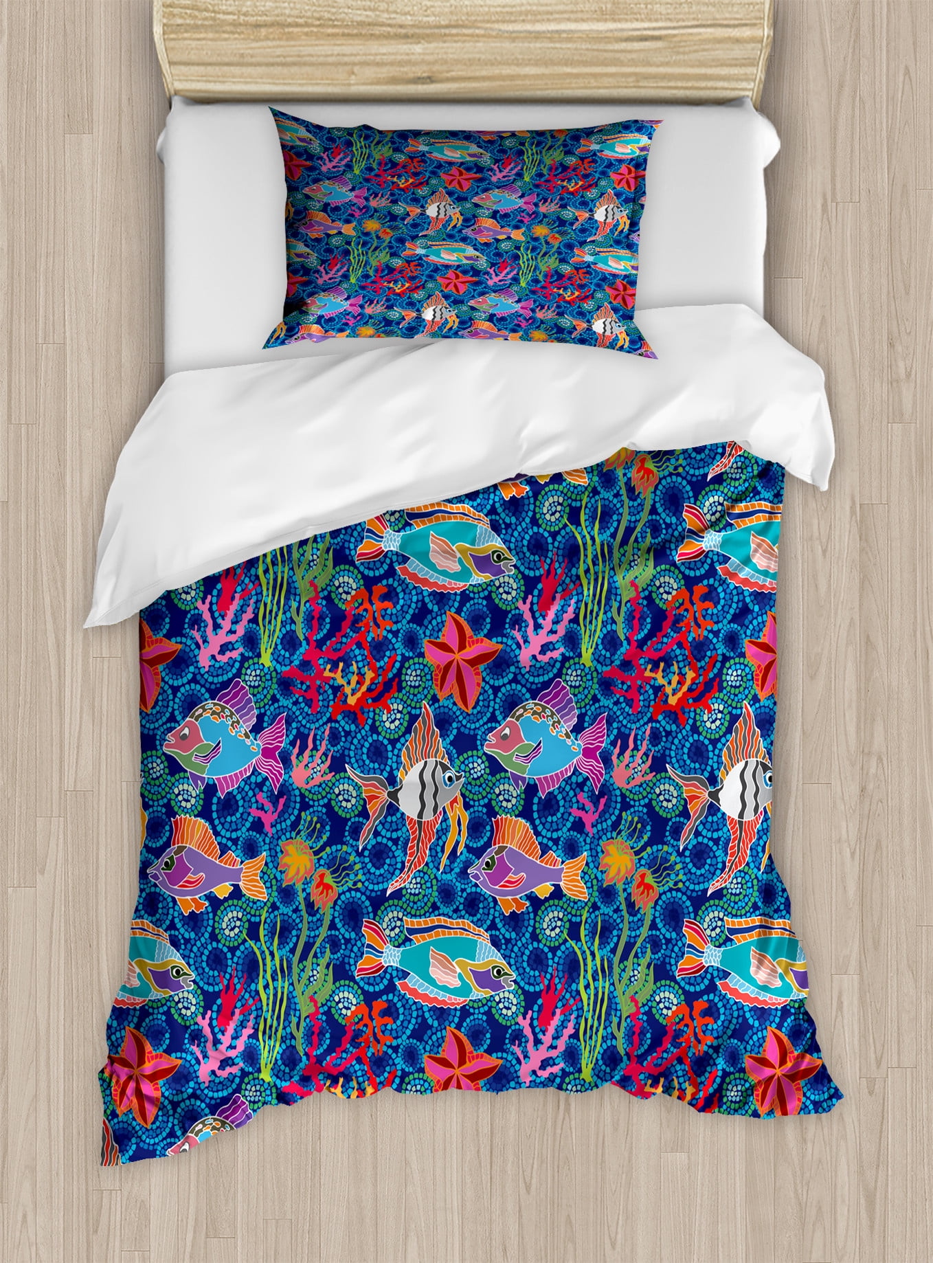 Marine Duvet Cover Set, Underwater Theme Exotic Fishes in Tropical