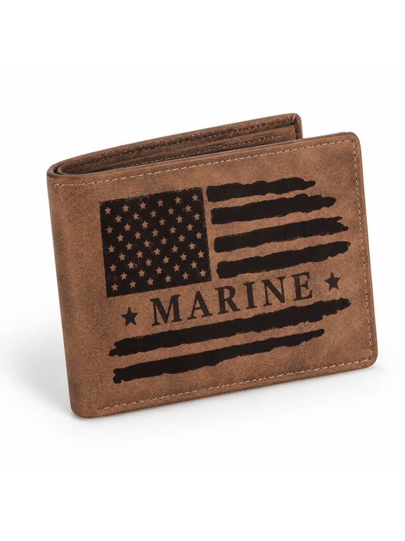 Marine Engraved Personalized Leather Bifold Wallet for Men, Slim Marine Graduation Gift