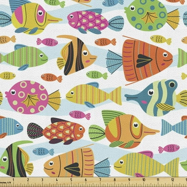Ambesonne Marine Fabric by the Yard Upholstery, Colorful Cartoon Fish, 2 Yards, Multicolor