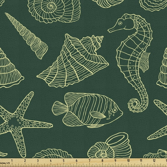 Marine Fabric by the Yard, Ocean Inhabitants Theme Exotic Fish Seahorse Seashells Starfish Pattern, Decorative Upholstery Fabric for Chairs & Home Accents, 10 Yards, Hunter Green Cream by Ambesonne