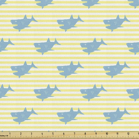 Marine Fabric by the Yard, Repeated Abstract Underwater Shark Silhouettes on Harbor Striped Backdrop, Decorative Upholstery Fabric for Sofas and Home Accents, White Sky Blue Yellow by Ambesonne