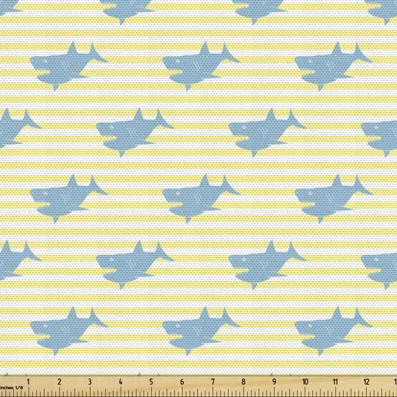 Marine Fabric by the Yard, Repeated Abstract Underwater Shark Silhouettes on Harbor Striped Backdrop, Decorative Upholstery Fabric for Sofas and Home Accents, White Sky Blue Yellow by Ambesonne