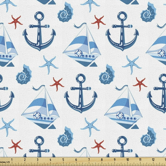 Marine Fabric by the Yard, Sea Travel Elements Anchor Starfish Sailboat Seashell Nautical Marine Lifestyle, Decorative Upholstery Fabric for Sofas and Home Accents, Sky Blue by Ambesonne